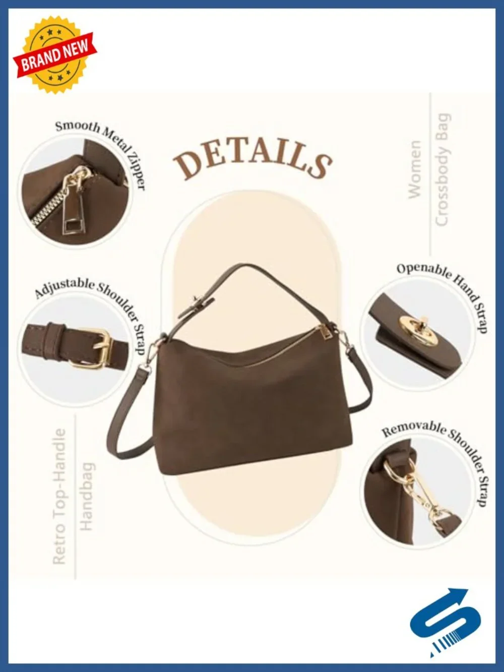 Brown Suede Leather Hobo Tote Crossbody Bag with Zipper